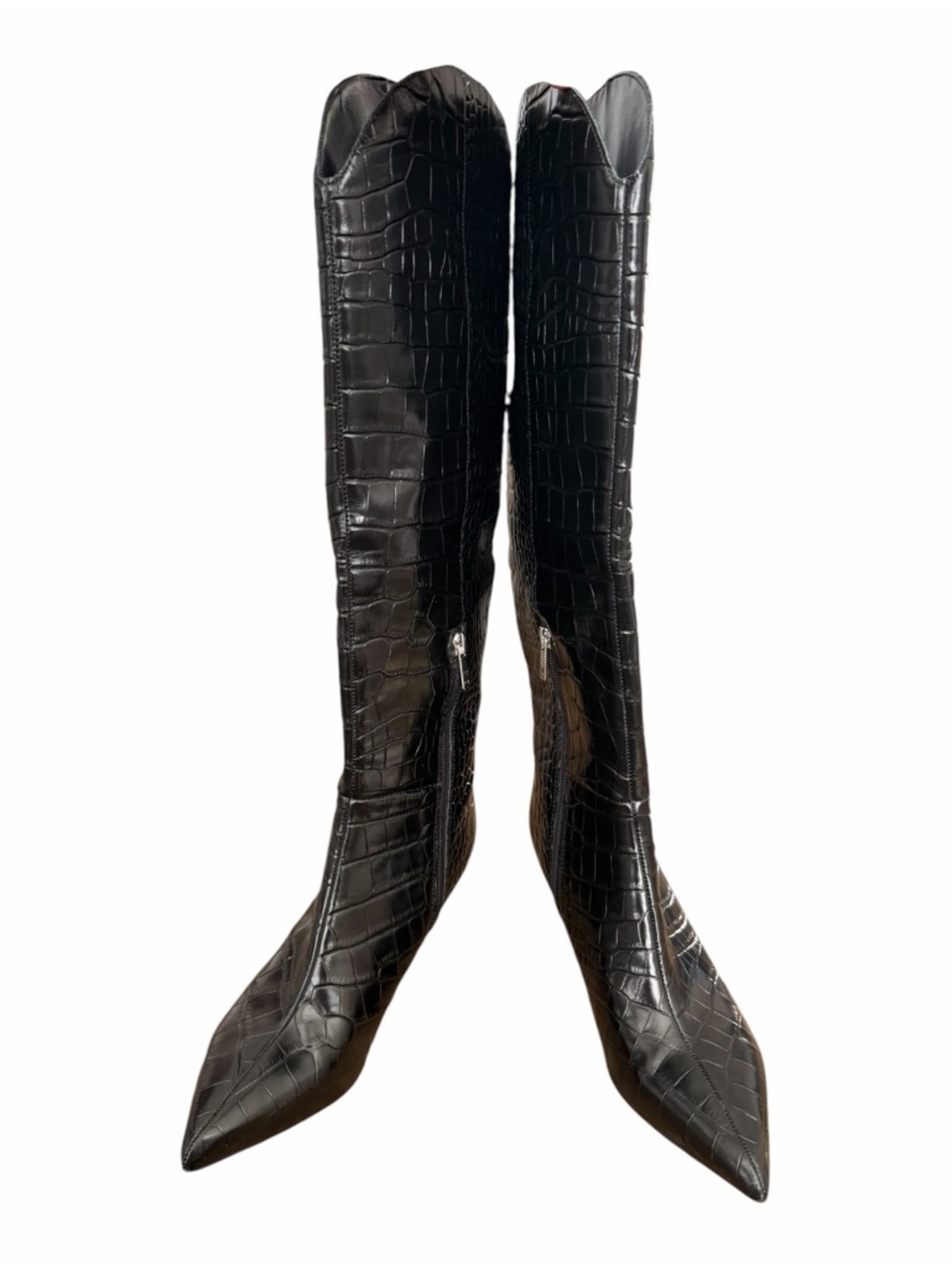Marc Fisher Black Croc-Embossed Leather Pointed Boots - Picture 8 of 9
